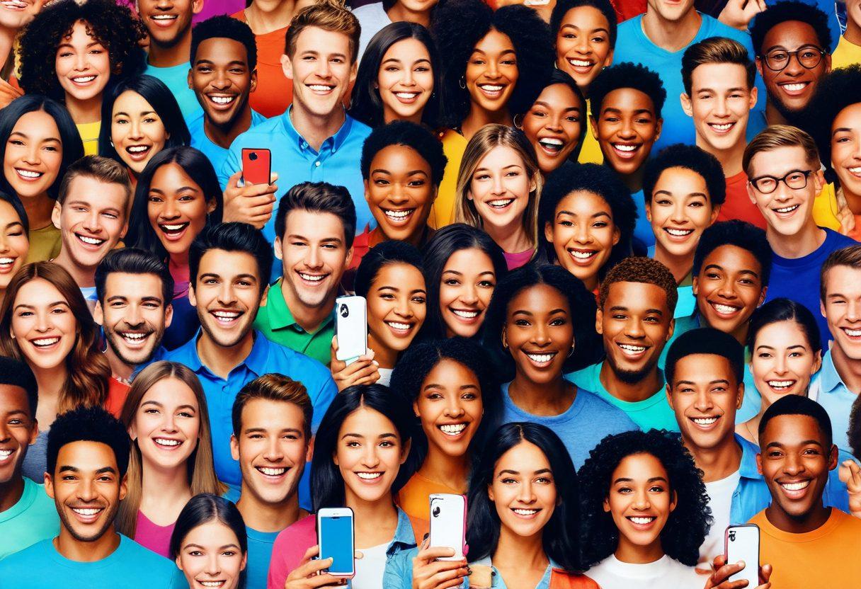 A colorful digital collage depicting a diverse group of people joyfully sharing their phones, with happy facial expressions showcasing 'likes' and comments glowing around them. Incorporate elements of social media icons and heart shapes to symbolize approval and connection. The background should be filled with bursts of vibrant colors to evoke warmth and positivity. super-realistic. vibrant colors. white background.