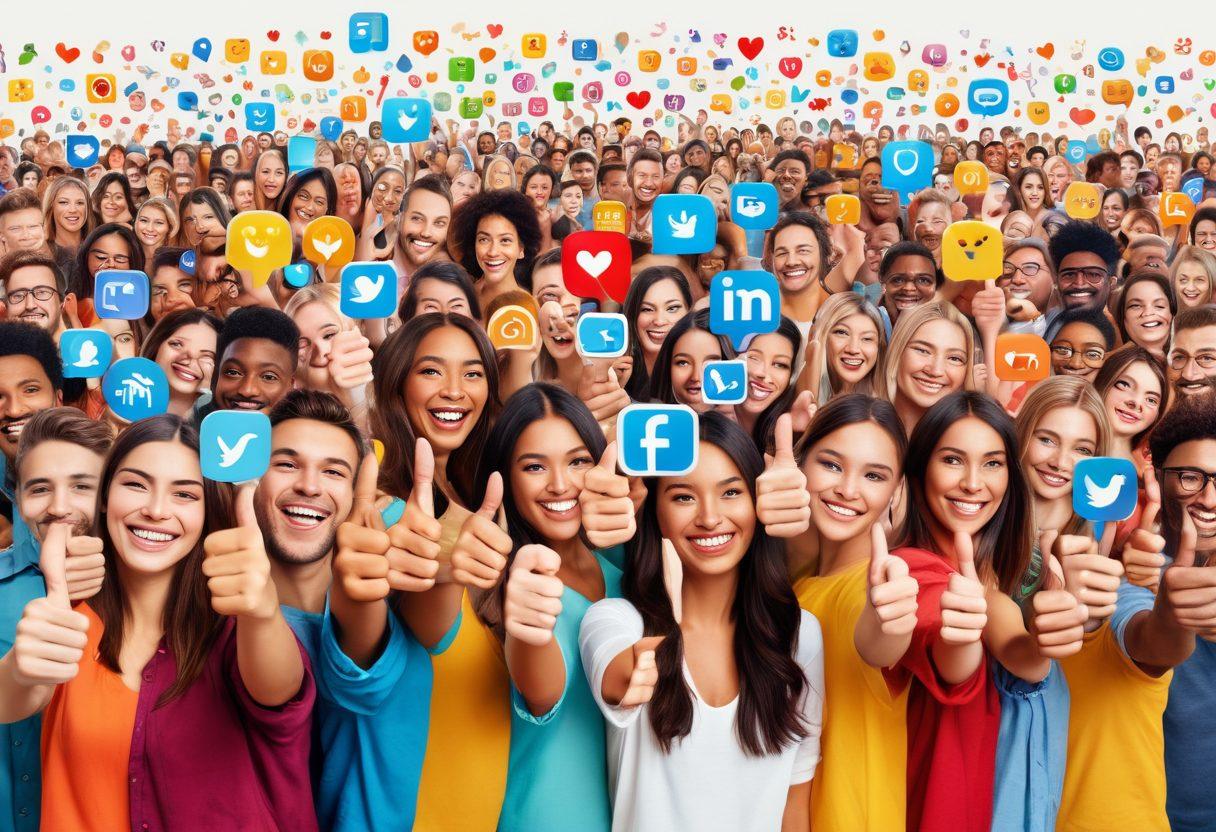 A vibrant illustration of diverse people from different cultures giving each other thumbs up, surrounded by colorful digital icons representing social media platforms. Bright smiles and a warm atmosphere convey joy and connection, with subtle background elements symbolizing the digital realm, such as emojis and hearts. super-realistic. vibrant colors. white background.